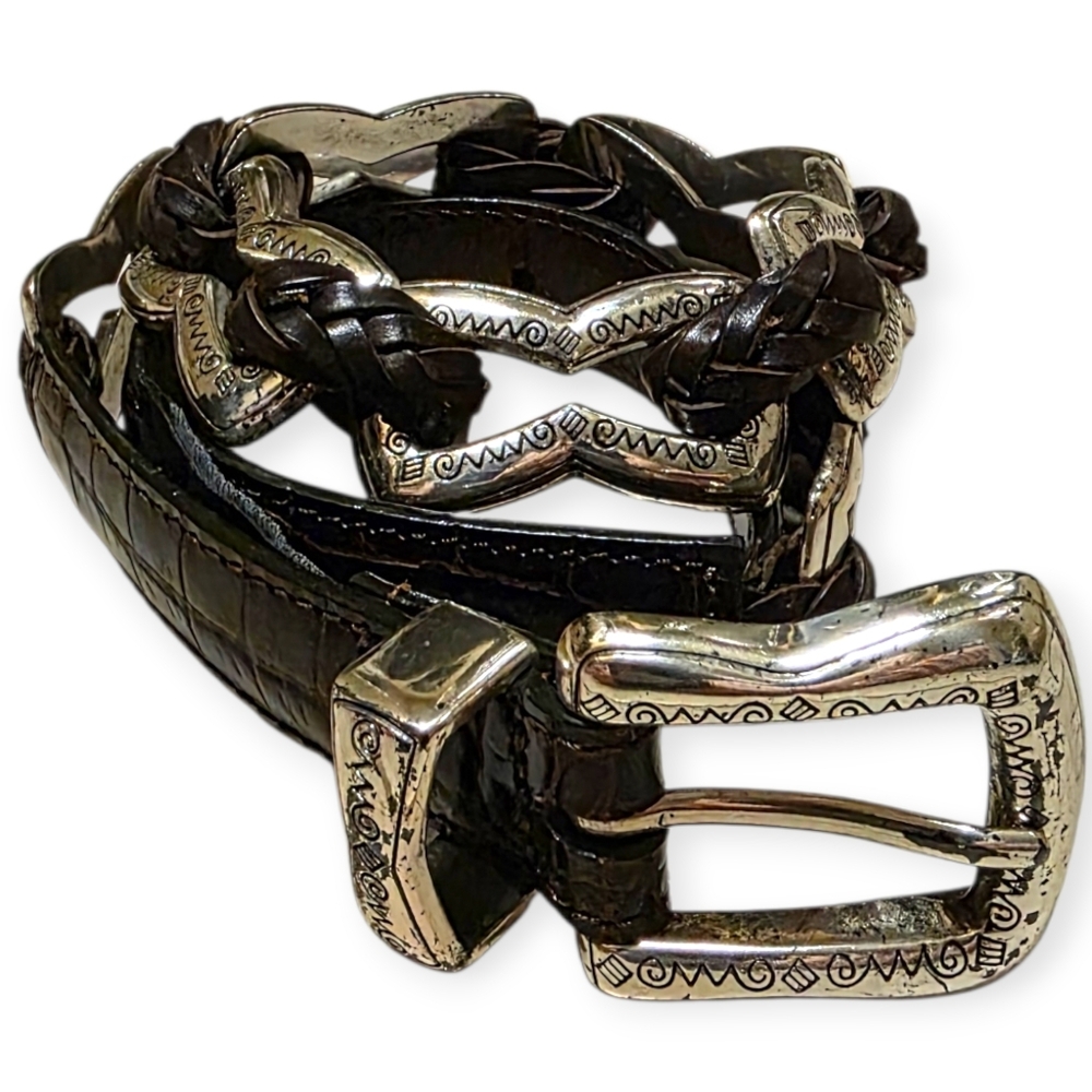 Brighton Leather Braided Etched Chain Belt